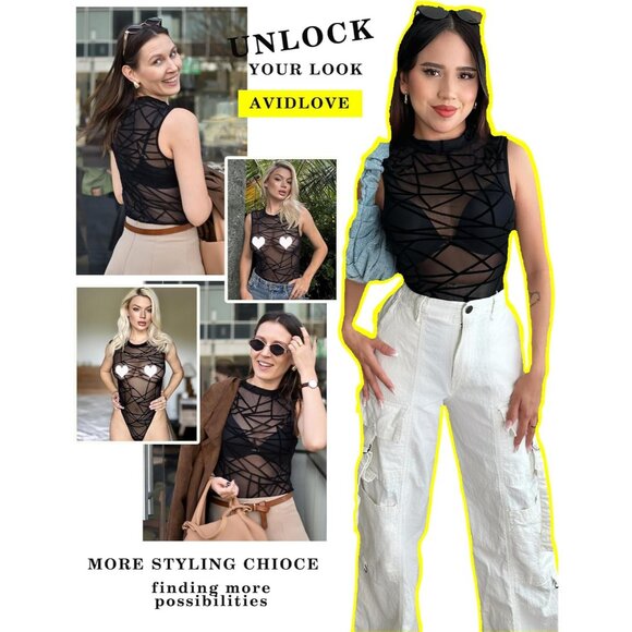 Women’s Sheer Mesh Bodysuit Sleeveless See-Through Top Going Out Casual - Picture 3 of 6
